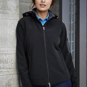 A black women's soft shell jacket with a hood, featuring a zip front and a branded logo.