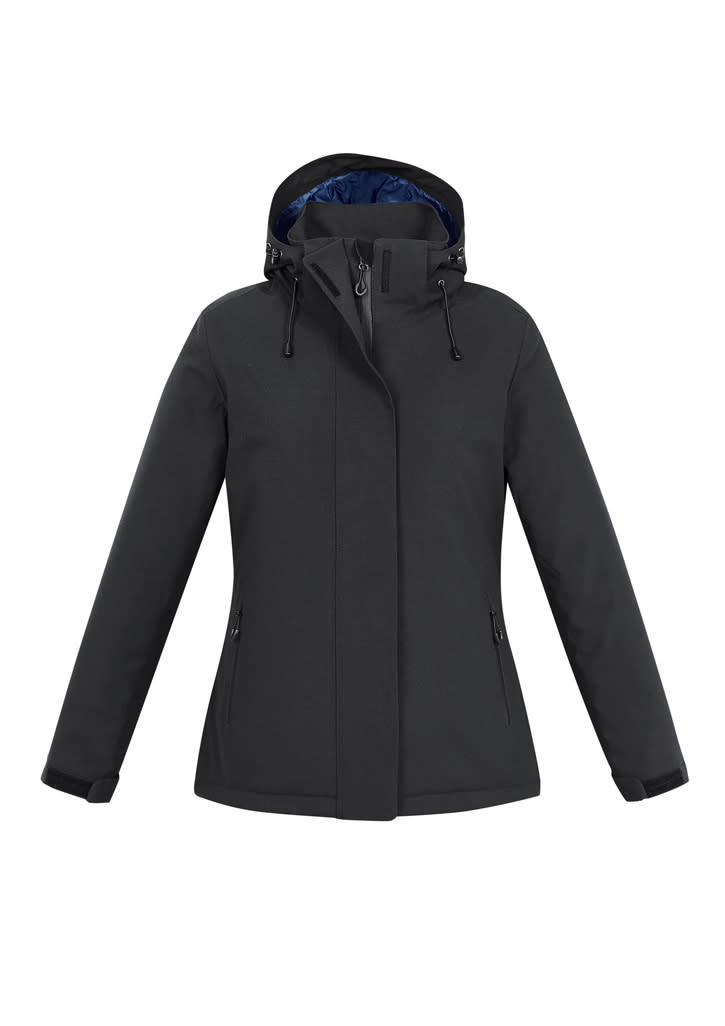 A grey women's rain jacket featuring a hood, zippered pockets, and a contrasting inner lining.