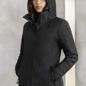 A black women's rain jacket with a hood and pockets, featuring a logo on the front.