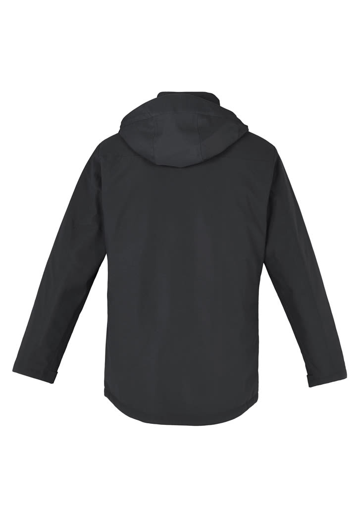 A black men's rain jacket with a hood, featuring a simple design and a branded logo.