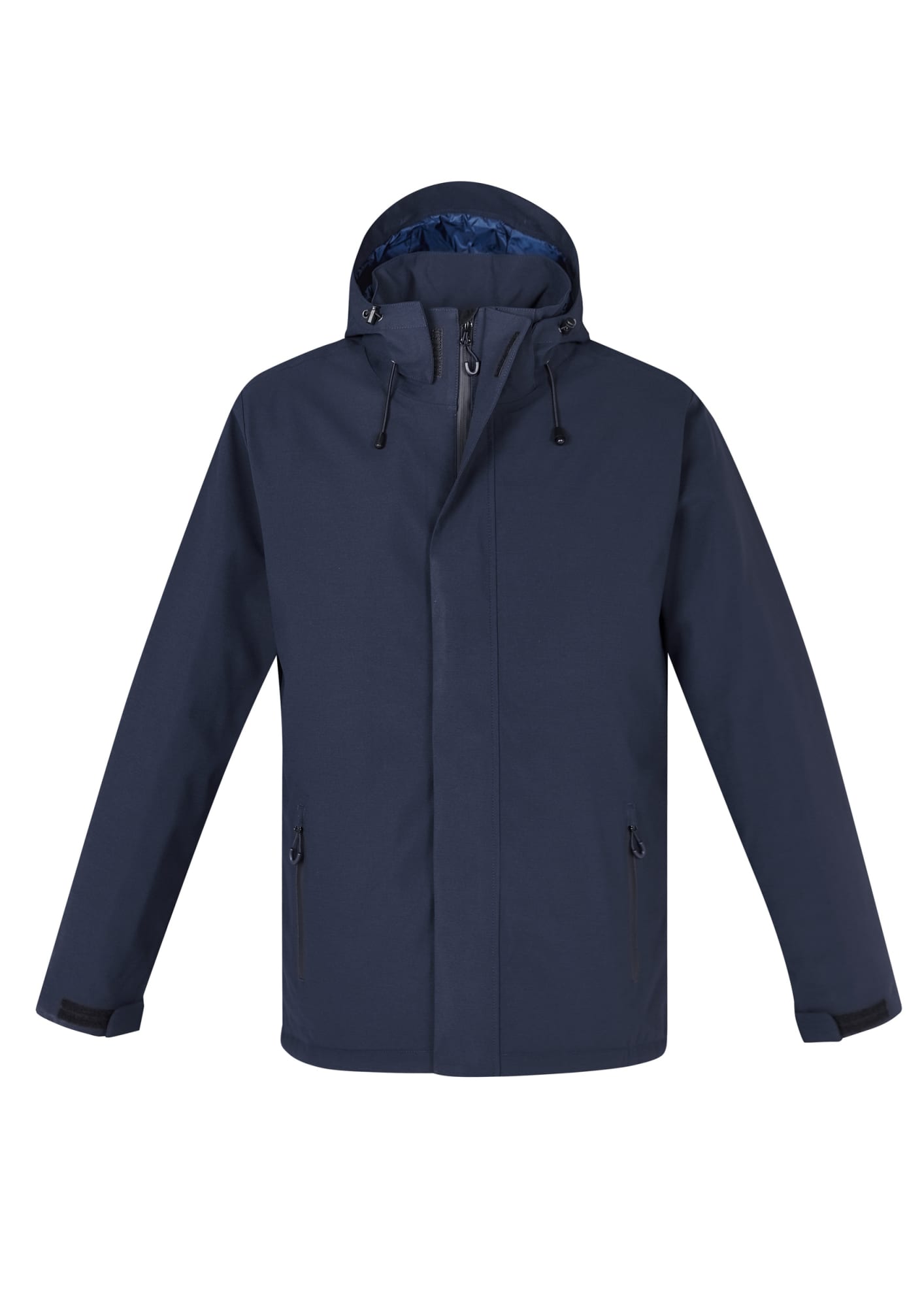 A navy rain jacket with a hood, featuring side pockets and a partial zip. It includes an inner layer in a contrasting colour.
