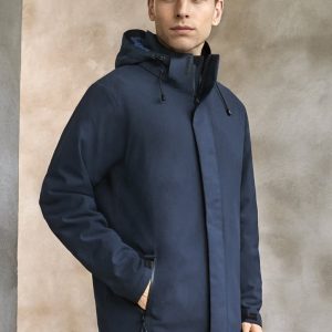 A navy blue men's jacket with a hood, featuring a zipper and drawstring adjusters. It has a logo on the chest.