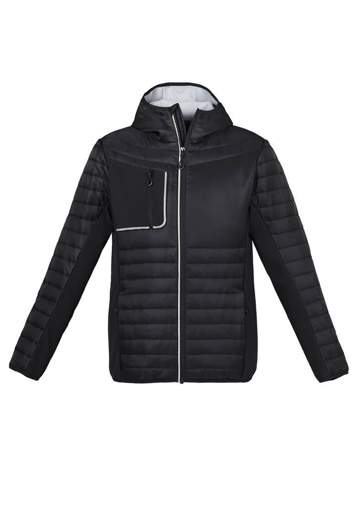 A black unisex patrol jacket featuring a zip front, a hood, and a stylish chest pocket. It has a logo on the design.