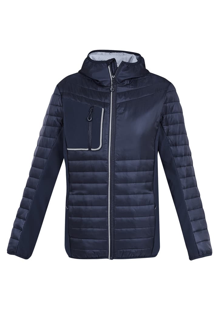 A navy unisex patrol jacket featuring a zip-up front and a chest pocket, with a contrasting grey lining.