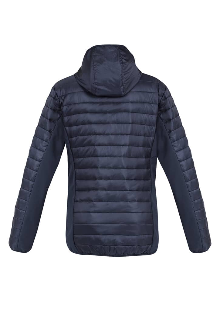 A navy unisex patrol jacket featuring a quilted design and a hood, with a branding logo on the back.
