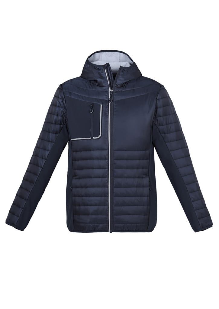 A navy unisex patrol jacket featuring a zip front, hood, and a pocket on the chest. Includes a logo on the jacket.