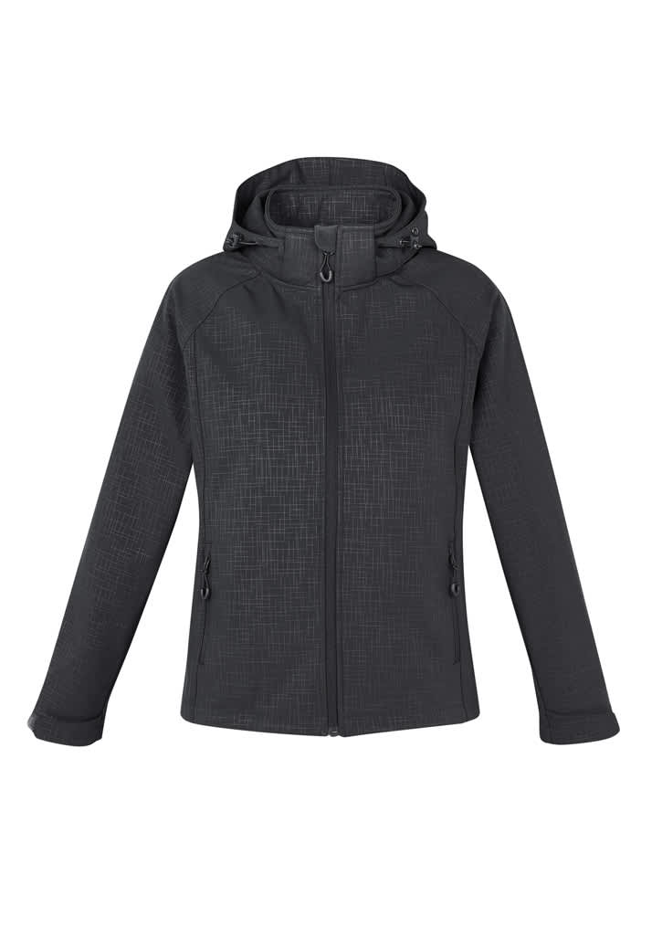 A women's soft shell jacket in dark grey with a textured pattern, featuring a hood and zipper closures.