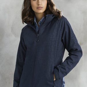 A women's soft shell jacket in navy with a subtle geometric pattern and a zip front. It features a hood and has a logo.