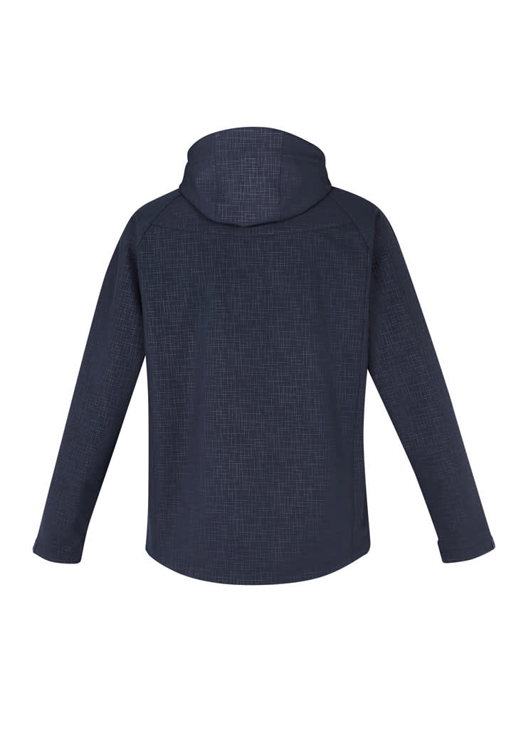 A men's soft shell jacket in dark navy with a textured pattern and a hood, featuring a logo on one side.