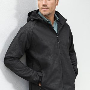 A men's soft shell jacket in black with a geometric pattern, featuring a hood and front zip. Includes a branding logo.