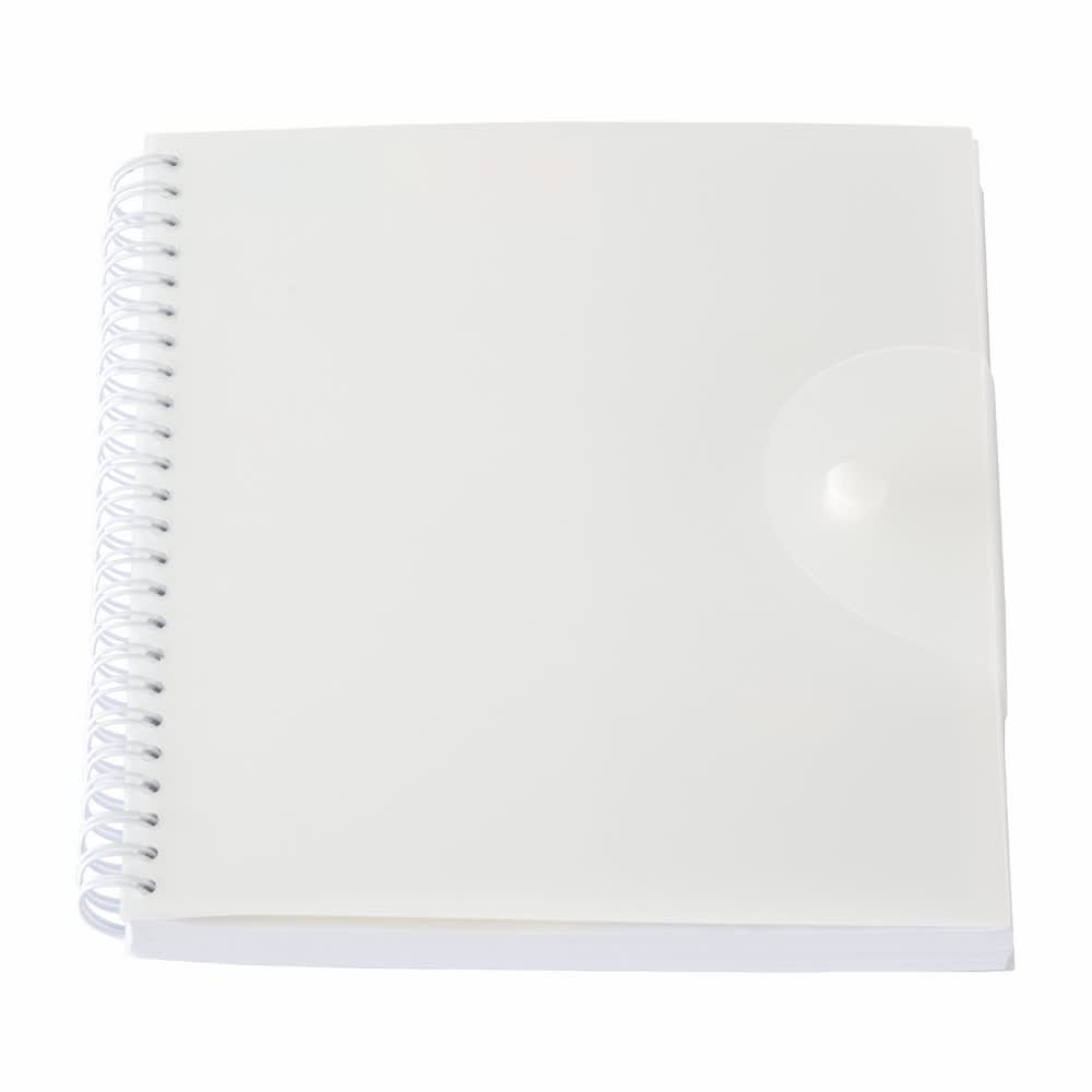 A white spiral-bound notepad with a clear cover and a button closure. It features a logo on the front.