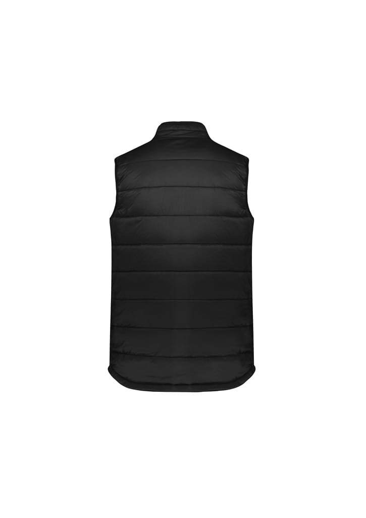 A black padded men's alpine vest with a high collar and no sleeves, featuring horizontal quilting and a logo.