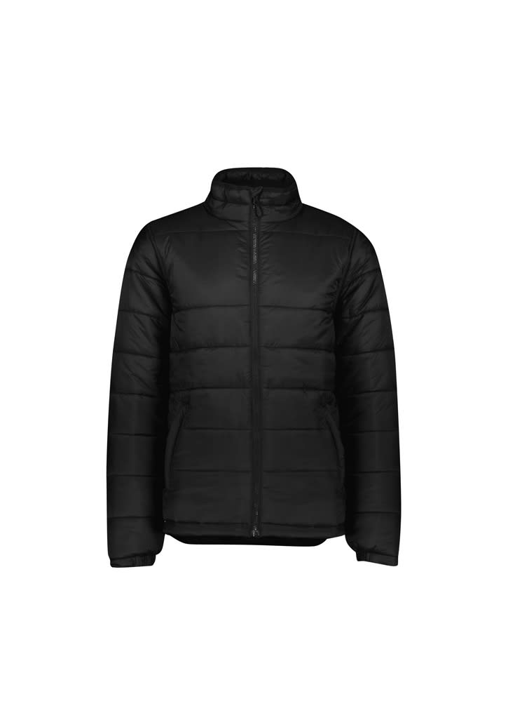 A black puffer jacket with a zip front and raised collar, featuring a logo on the chest.