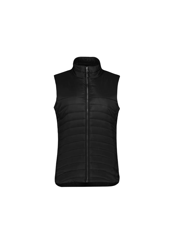 A black women's expedition vest with a zip front and padded design. It has a high collar and no sleeves.