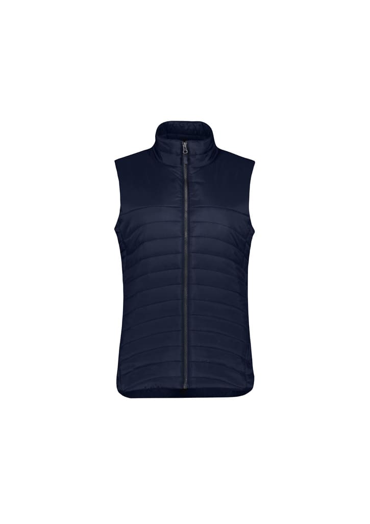 A navy womens expedition vest with a zip front and a high collar, featuring a quilted design and no sleeves.
