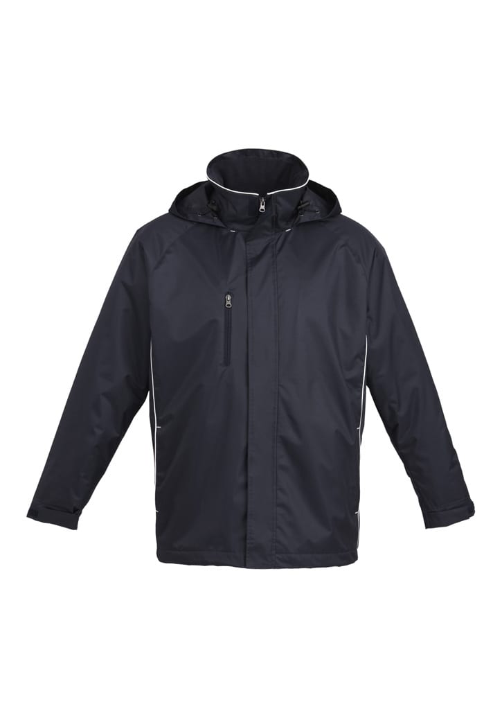 A black unisex jacket featuring a hood and light reflective detailing, with a logo on the front.
