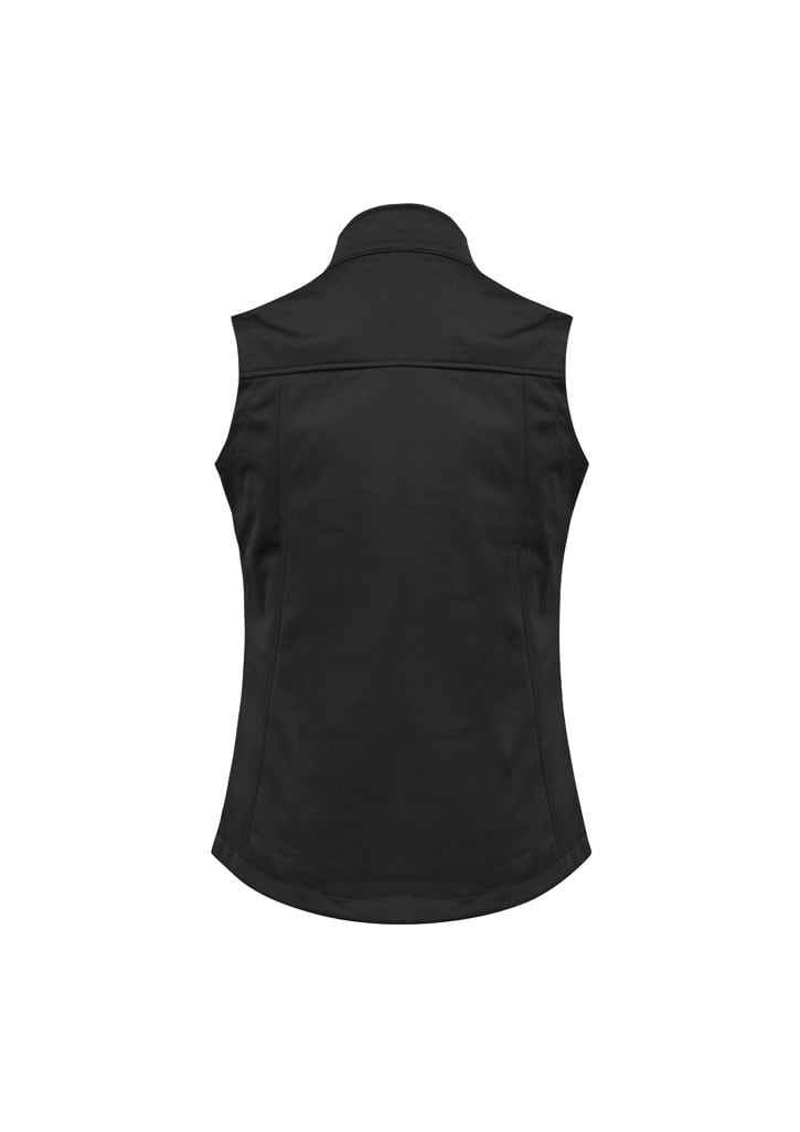 A women's softshell vest in black, featuring a streamlined design and a collar. Includes a logo.