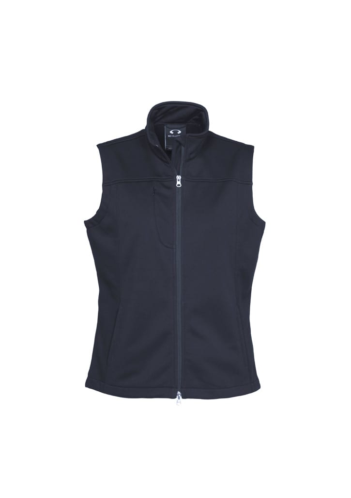 A women's softshell vest in black with a high collar and a zip front, featuring a logo on the upper left side.