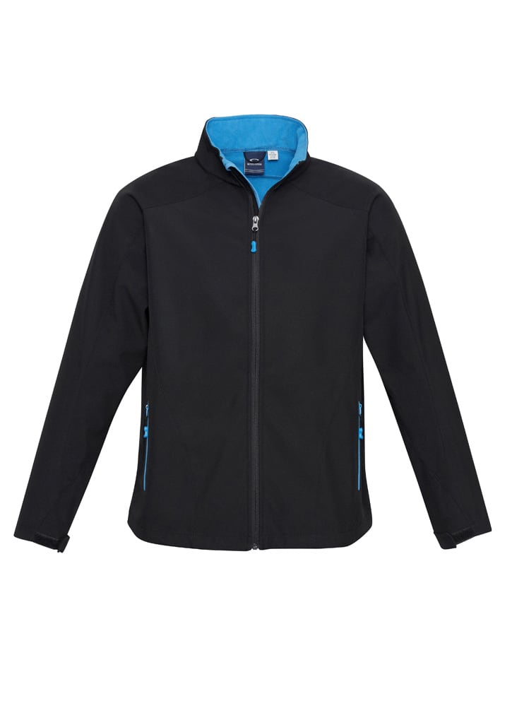 A black kids' jacket featuring a blue interior and zippers, with a logo on the front.