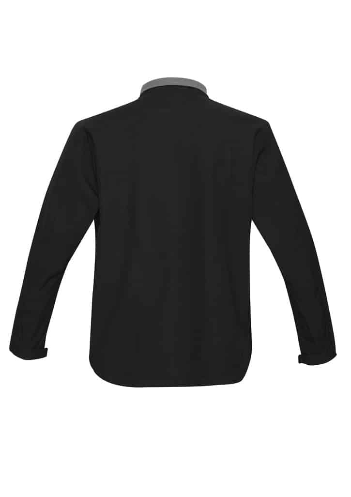 A black jacket with long sleeves and a grey collar, featuring a branding logo.