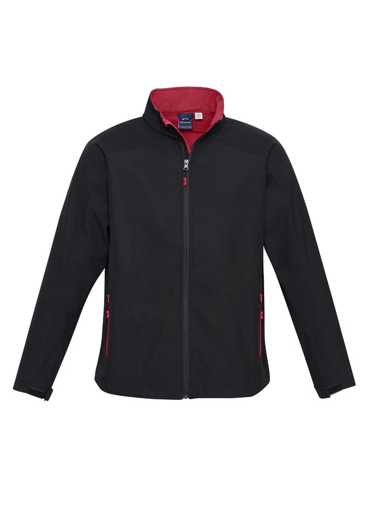 A black soft shell jacket with red accents and zippered pockets, featuring a branding logo.