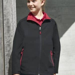 A black jacket with red accents, featuring a zip front and side pockets, worn by a smiling girl.