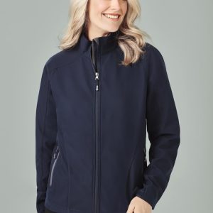 A navy women's soft shell jacket with a zip front and side pockets, featuring a sleek design and a logo.