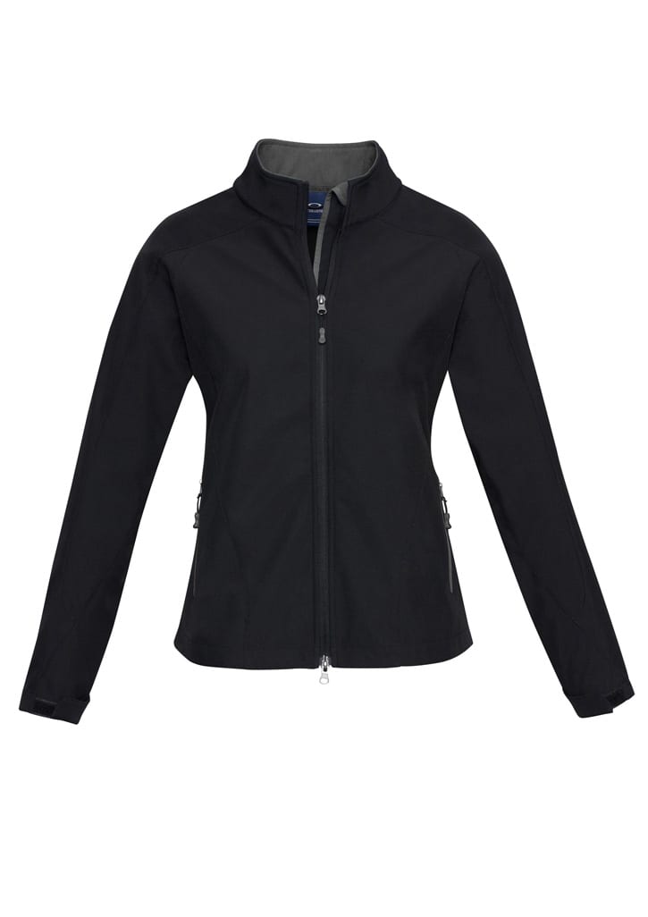A black soft shell women's jacket featuring red accents and a zippered front, with side pockets and a logo.