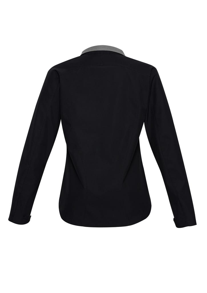 A black women's soft shell jacket with a red collar, featuring a logo on the back.