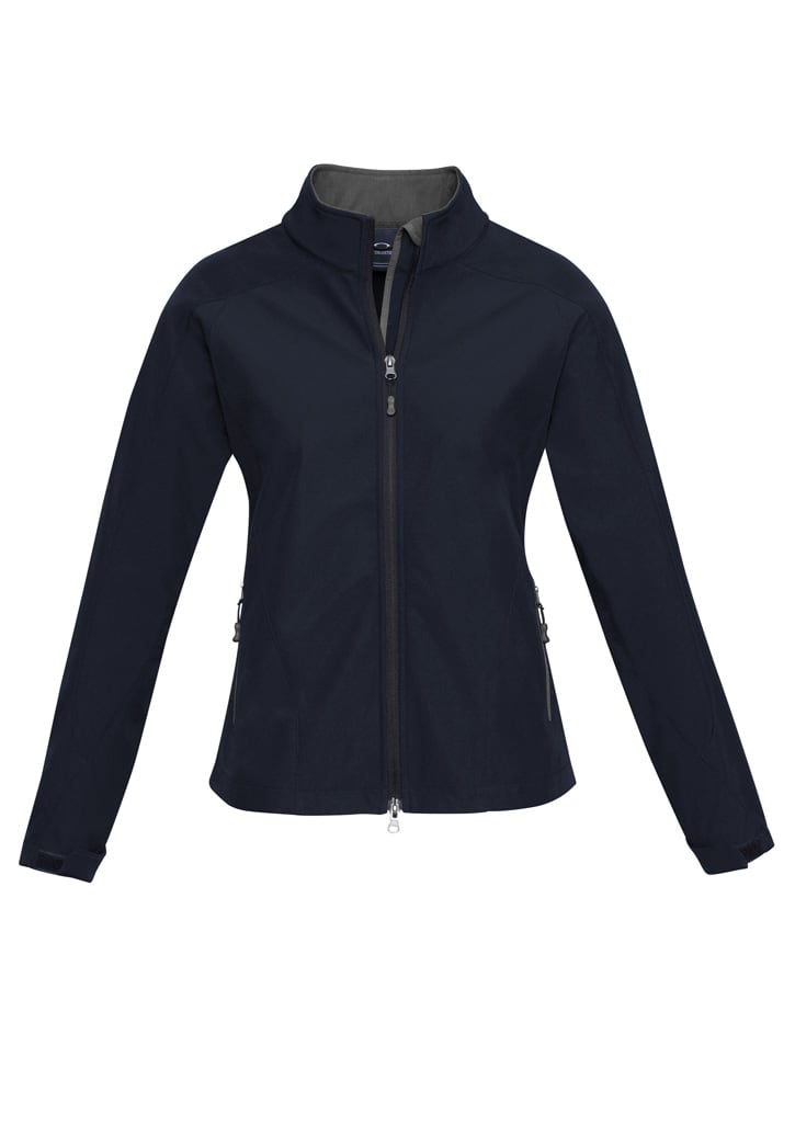 A soft shell jacket in black with blue accents and a zippered front, featuring two side pockets and a logo.