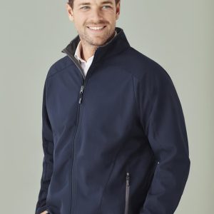A navy soft shell jacket with a zippered front and side pockets, featuring a collar and a logo.