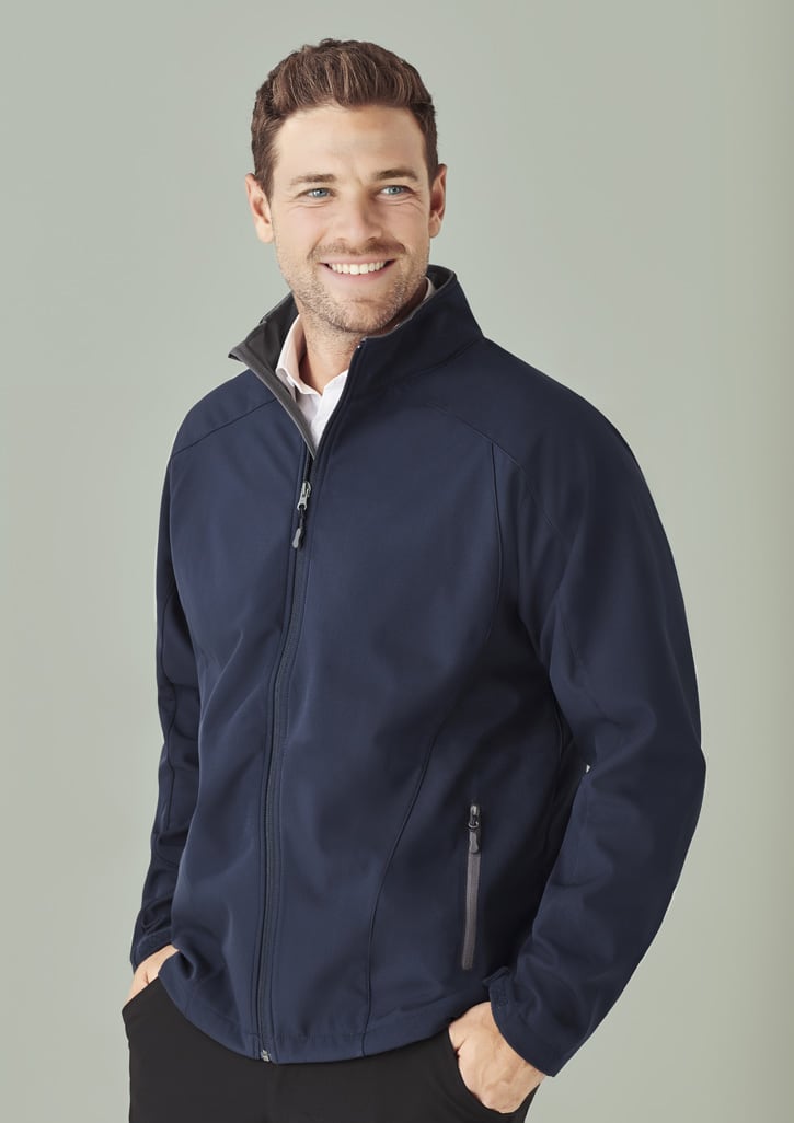 A navy soft shell jacket with a zippered front and side pockets, featuring a collar and a logo.