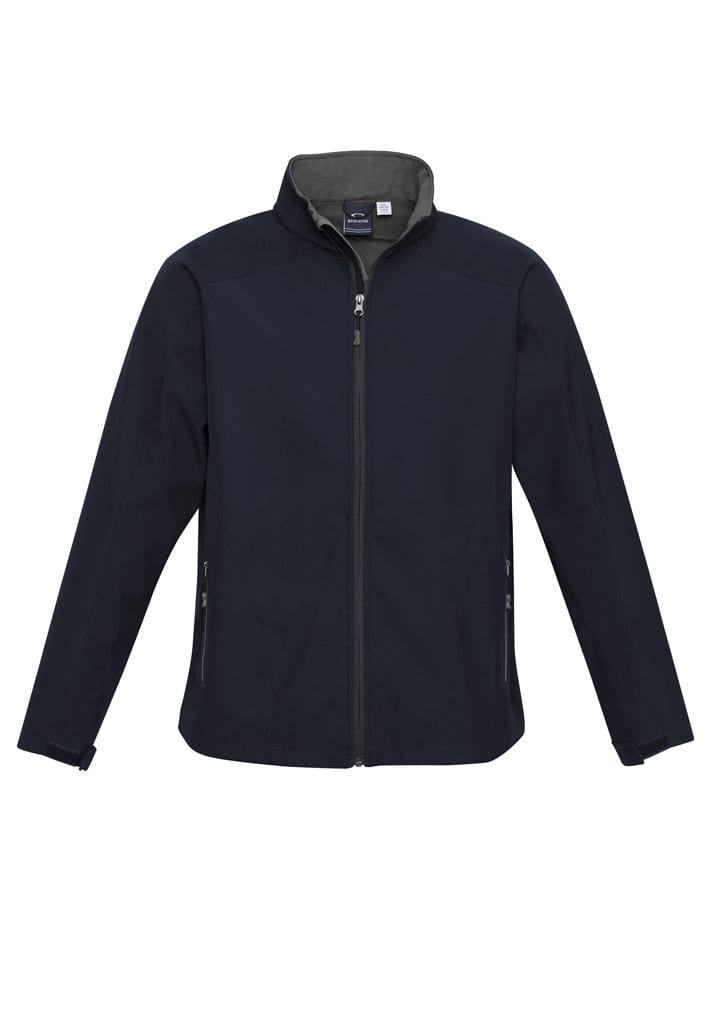 A navy soft shell jacket with a zip front, long sleeves, and side pockets. Features a logo on the chest.