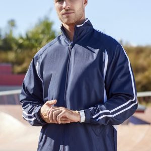 A unisex navy track jacket features white stripes and a zip-up front, with a logo on the chest.