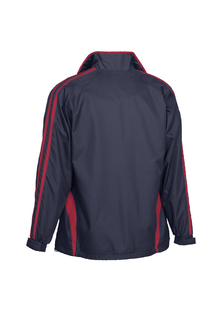 A navy blue jacket with red stripes on the sides and sleeves, featuring a logo on the back.