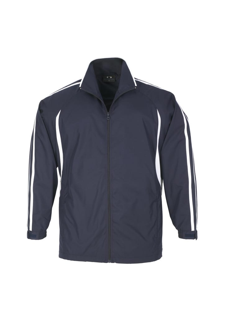A navy jacket featuring white stripes on the sleeves and a zip-up front. It has a logo on the chest.
