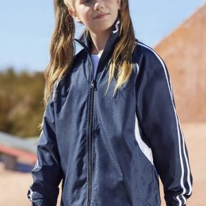 A girl in a navy track jacket with white stripes, featuring a high collar and zip closure.