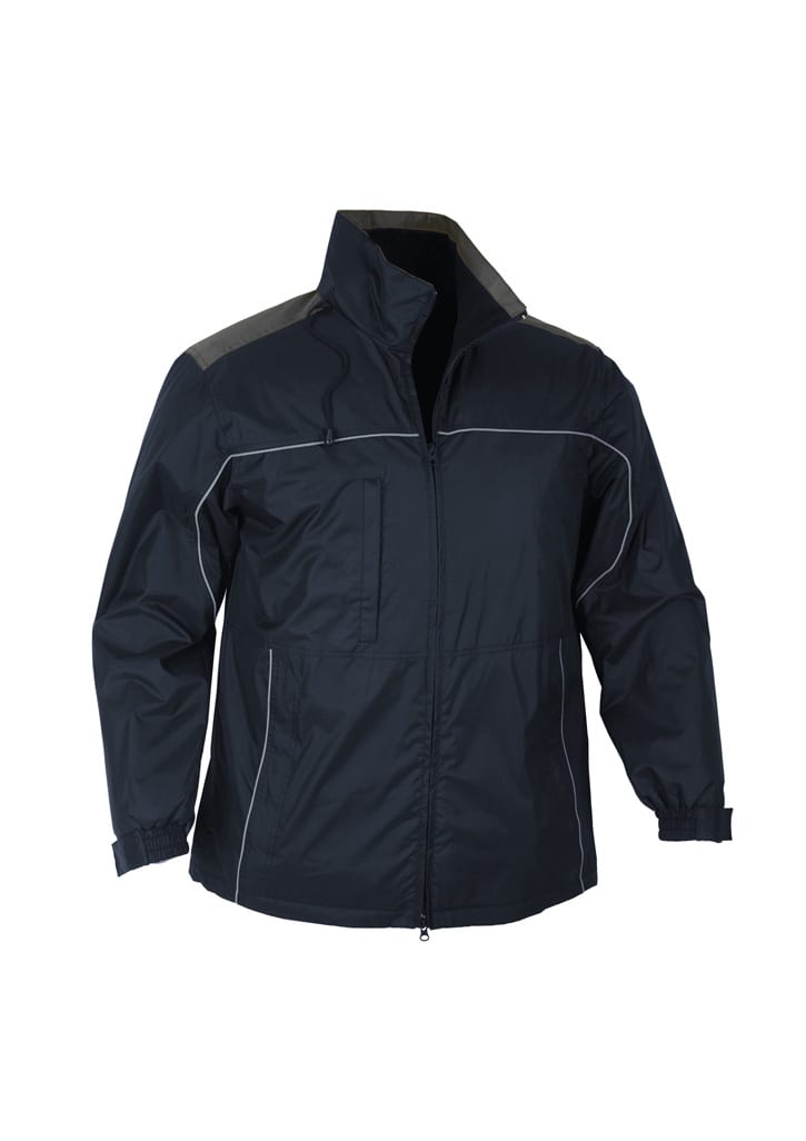 A unisex black jacket with a zippered front, elastic cuffs, and a reflective design element, featuring a logo.