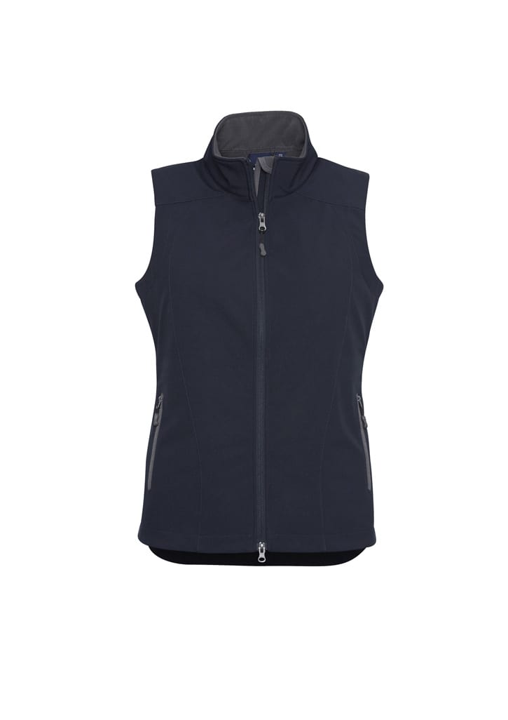 A black women's vest with a red inner lining and zippered pockets, featuring a front zip and a sporty design.