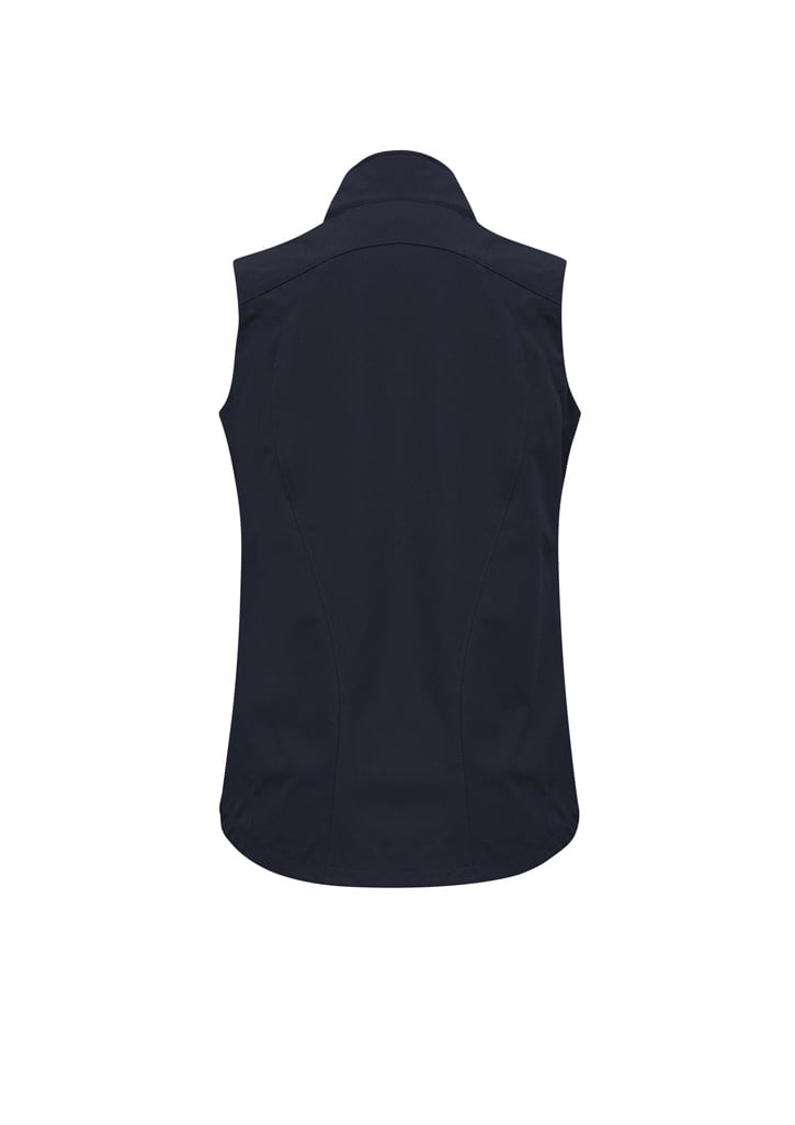 A black women's vest with a fitted design and collar. The back view features a smooth fabric and minimal detailing.