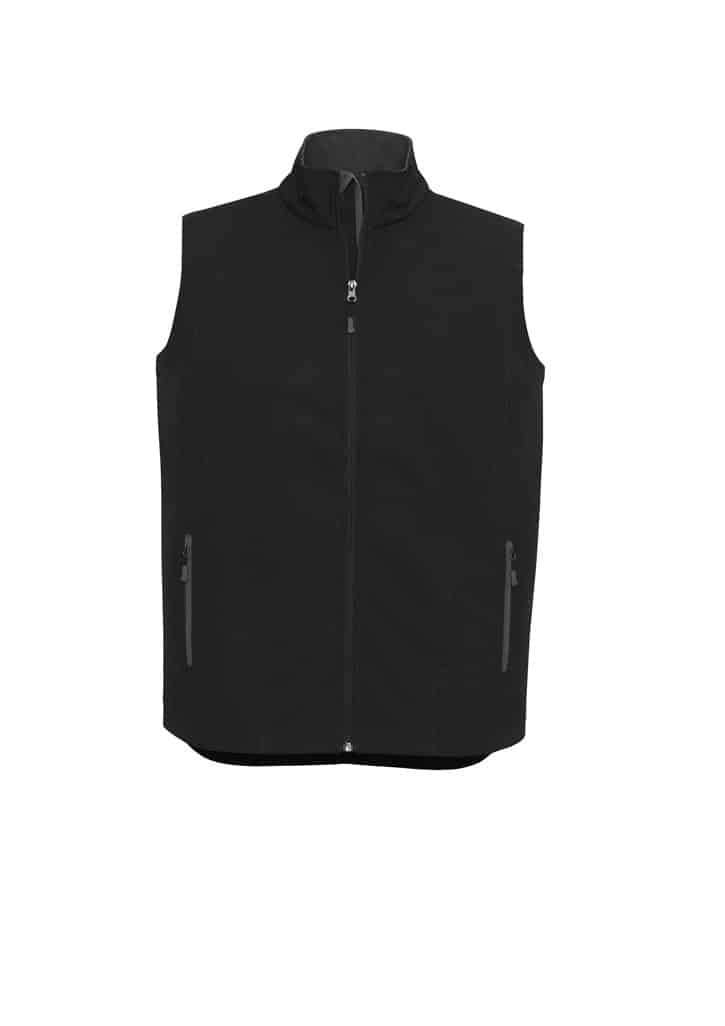 A black men's vest with a blue interior and zippered pockets, featuring a logo on the front.