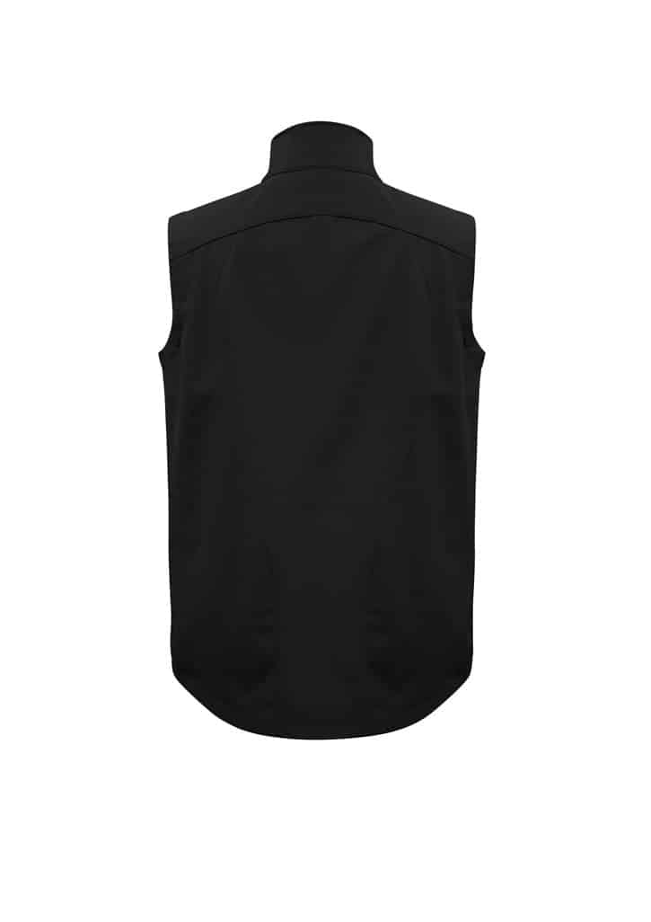 A black men's vest with a high collar and no sleeves, featuring a logo on the back.