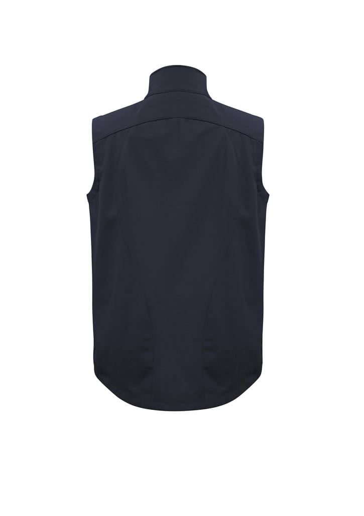 A black men's vest featuring a high collar and a smooth back design, complete with a logo.