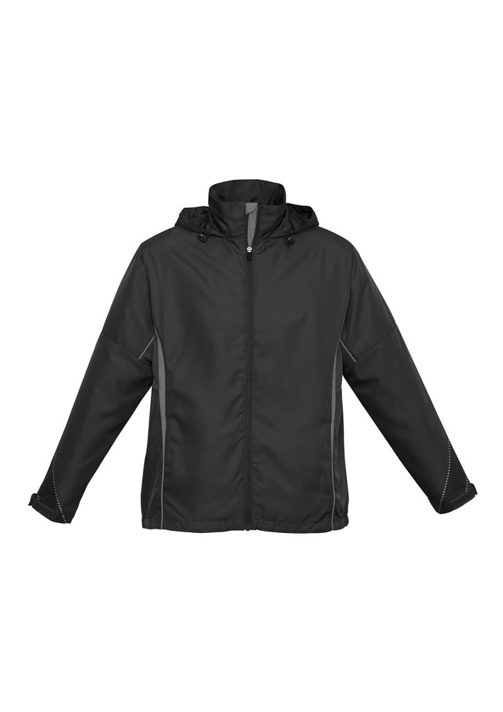 A black Kids Razor Jacket with a hood, featuring grey accents and a zip front. It has a logo on it.