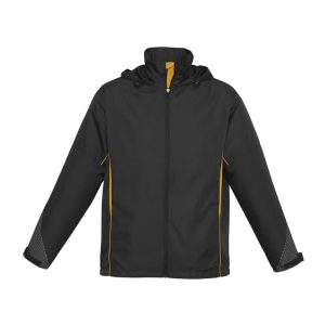A black jacket with yellow accents and a hood, featuring long sleeves and a zippered front. It has a logo.