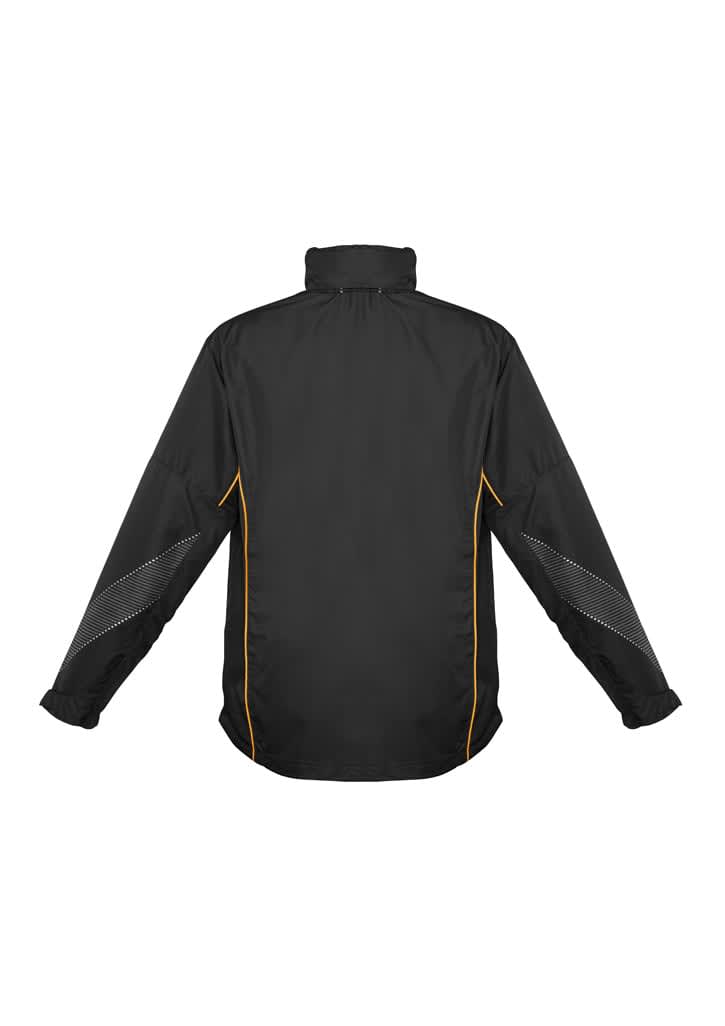 A black jacket with yellow accents and reflective design elements, featuring long sleeves and a high collar.