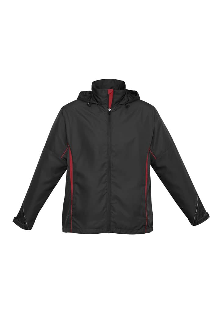 A black jacket with red accents and a hood, featuring a logo on the front.