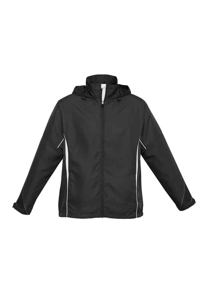 A black jacket with a hood and white detailing, featuring a logo on the front.