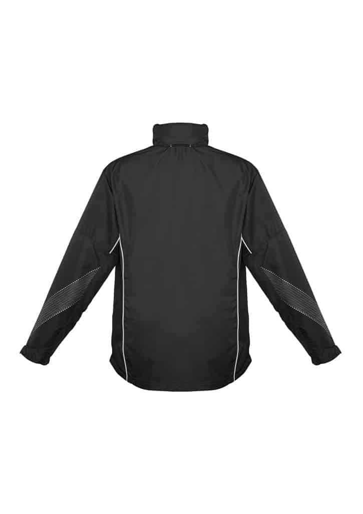 A black kids' jacket featuring white piping along the sleeves and back. Includes a collar and long sleeves.