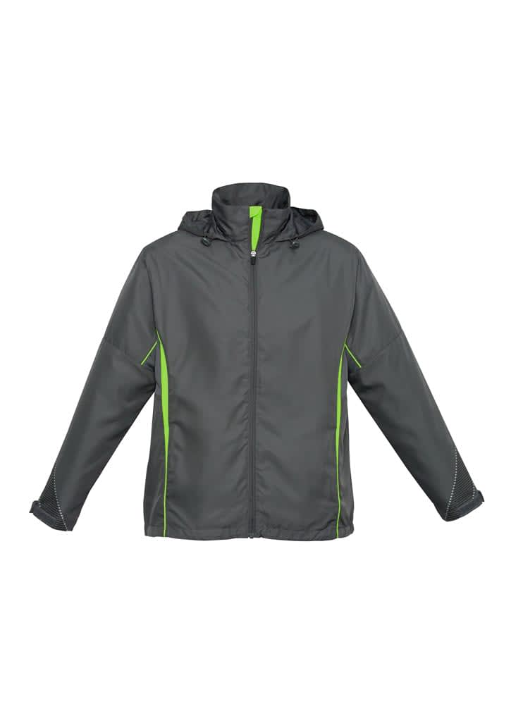 A grey jacket with green detailing, featuring a hood and long sleeves. It has a logo on the chest area.